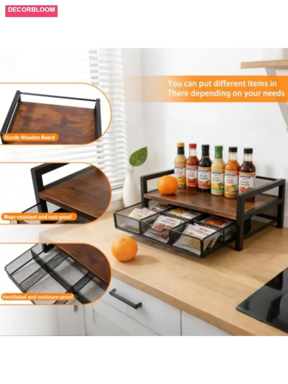 Extra Large Tea Bag Organizer with 6 Compartments and Drawer, Wooden Tea Caddy
